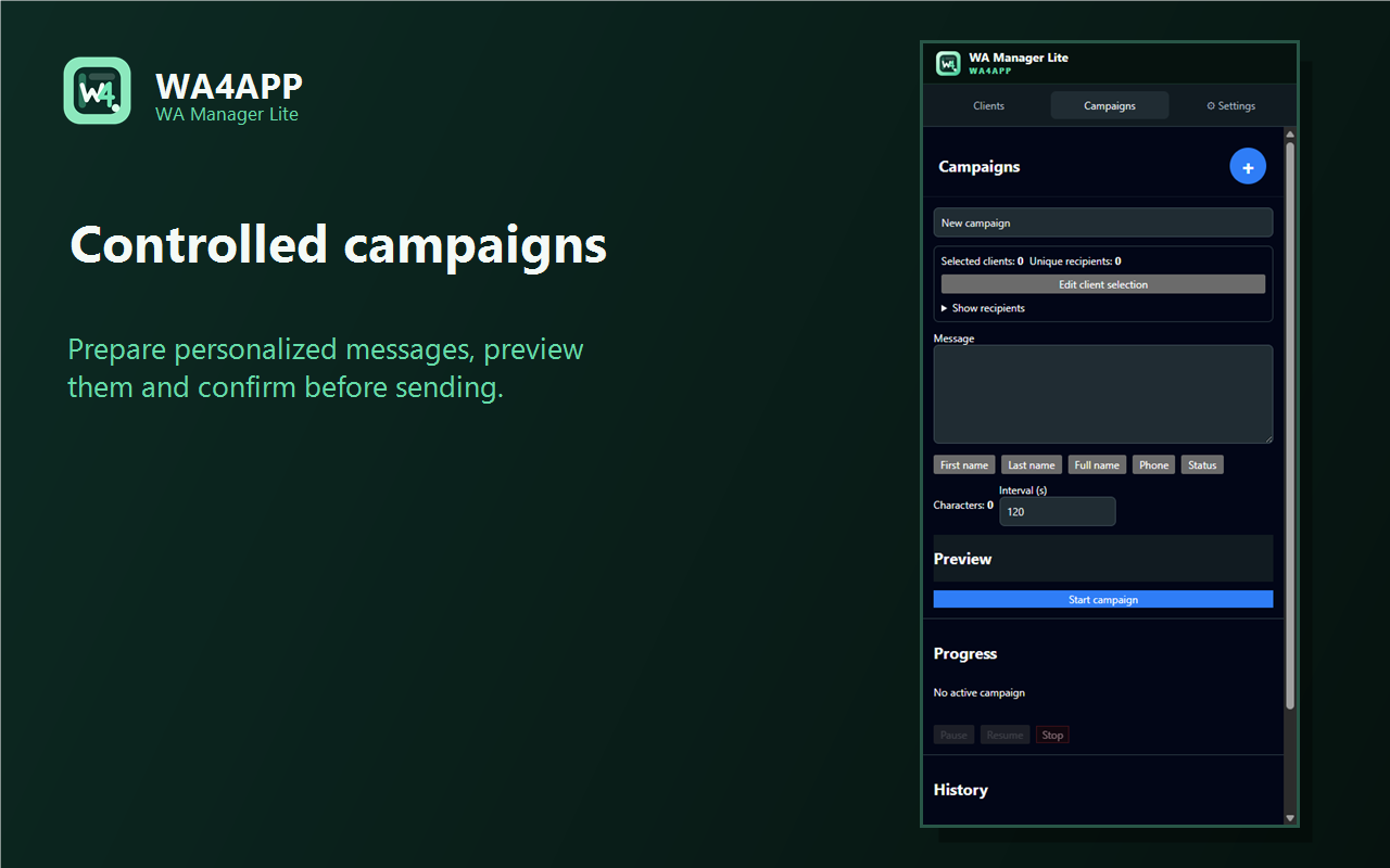 WA Manager Lite campaign editor with sample data