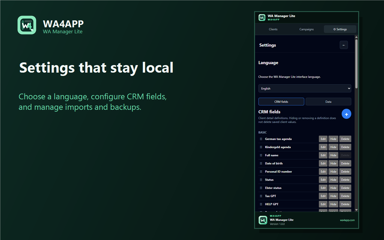 WA Manager Lite settings with sample data